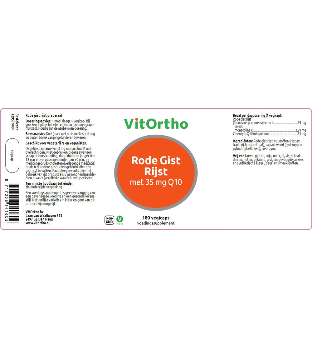 VitOrtho Rode gist rijst 35mg Q10 (180 vega capsules)