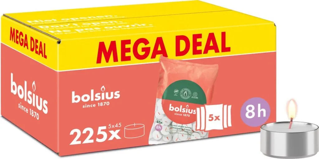 5x Bolsius Duurzaam Theelicht 8-Uur Zak Wit (45 stuks)