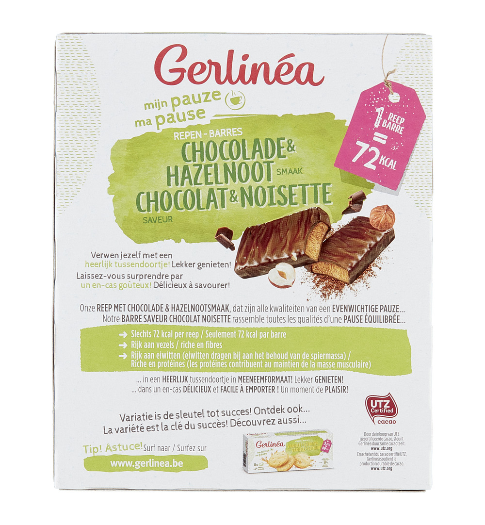 Gerlinéa Snackrepen Chocolade & Hazelnoot Smaak (8 X 20 gr)