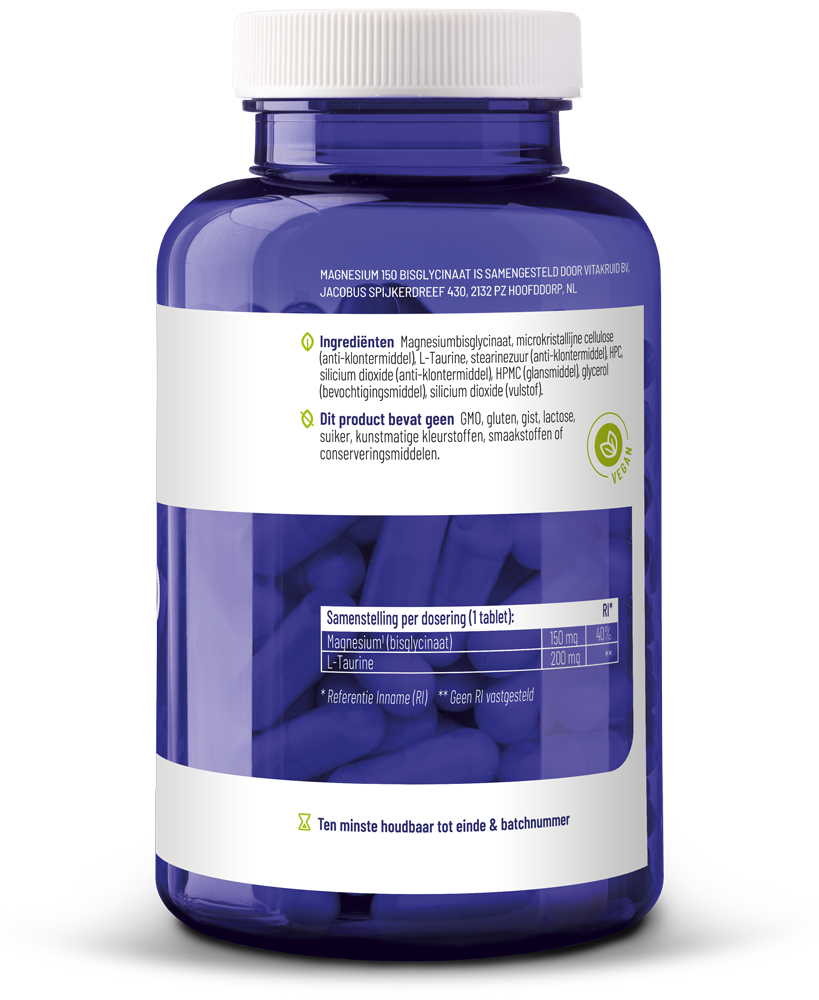 Vitakruid Magnesium 150 Bisglycinaat Met 200Mg L-Taurine (180 tabletten) - image 2