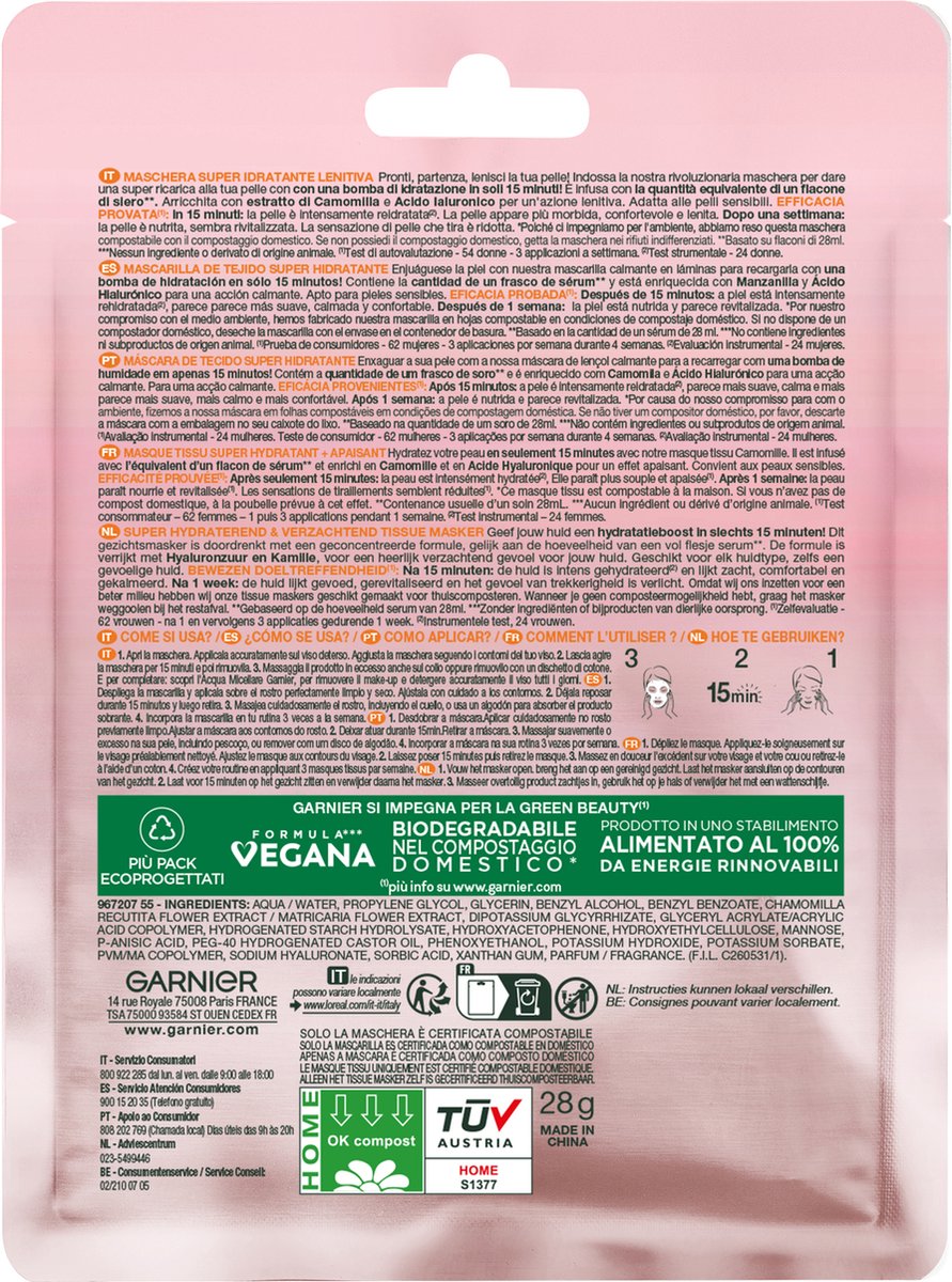 Garnier Skin act tissue masker kamille & hyaluronzuur (1 stuk)