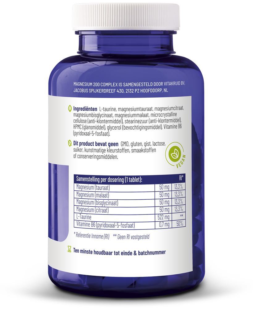 Vitakruid Magnesium 200 Complex Tauraat Malaat Bisglycinaat (90 tabletten) - image 2
