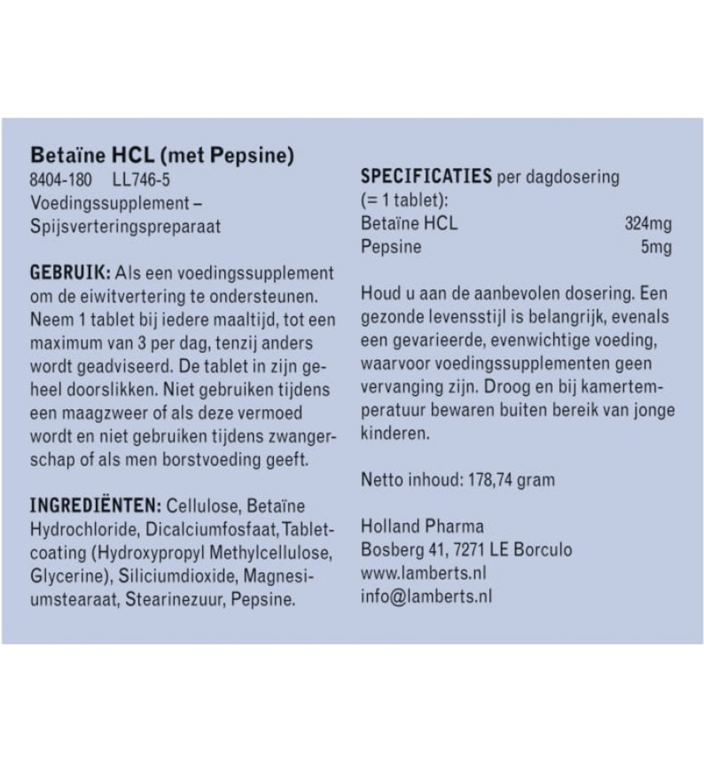 Lamberts Betaine HCL 324mg/Pepsine 5mg (180 tabletten)