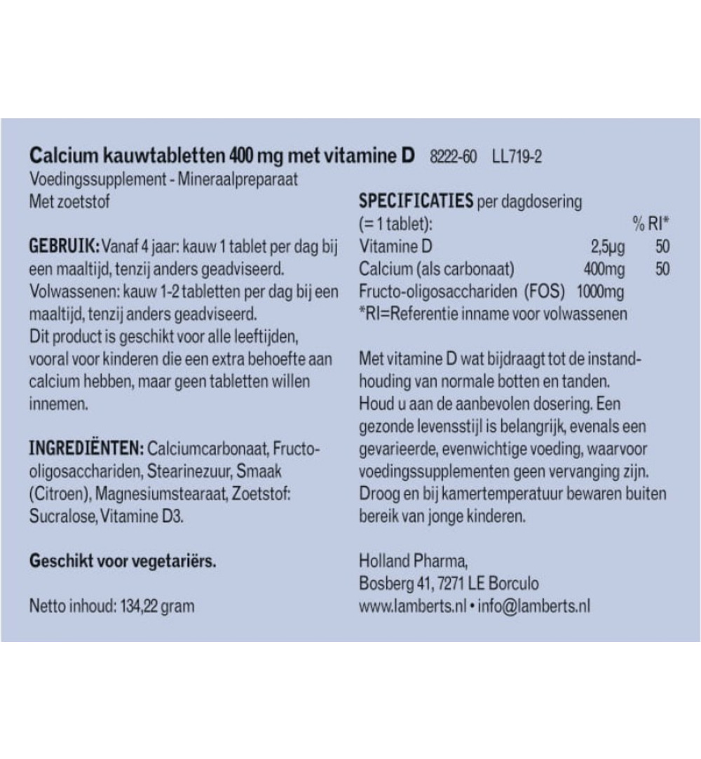 Lamberts Calcium 400mg + Vit. D en Fos (60 kauwtabletten)