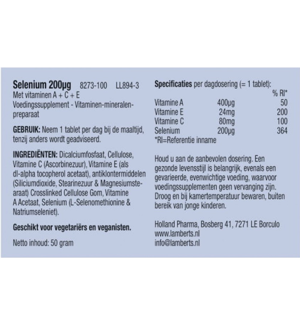 Lamberts Selenium 200mcg met vitamine A C E (100 tabletten)