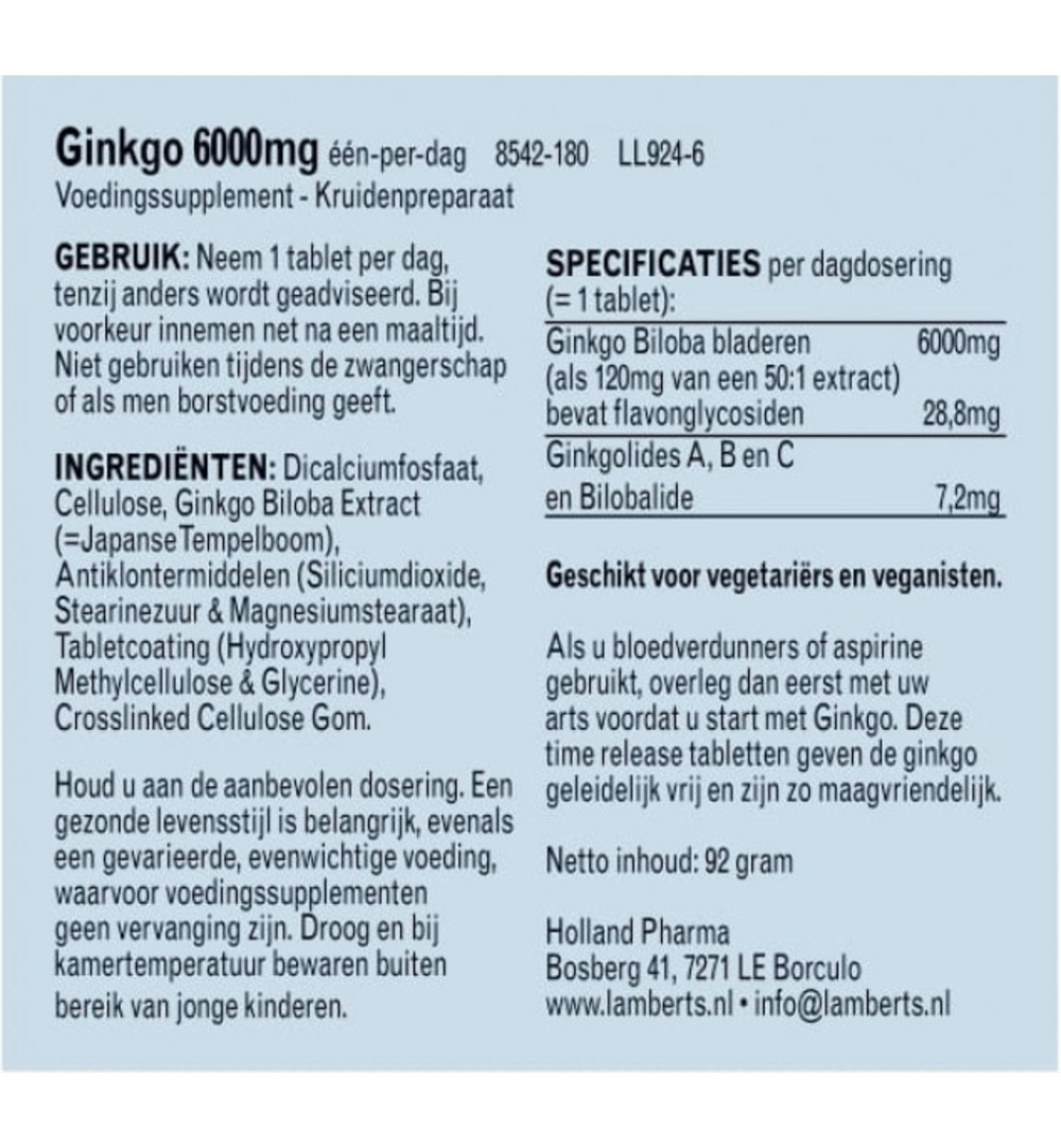 Lamberts Ginkgo 6000 (180 tabletten)
