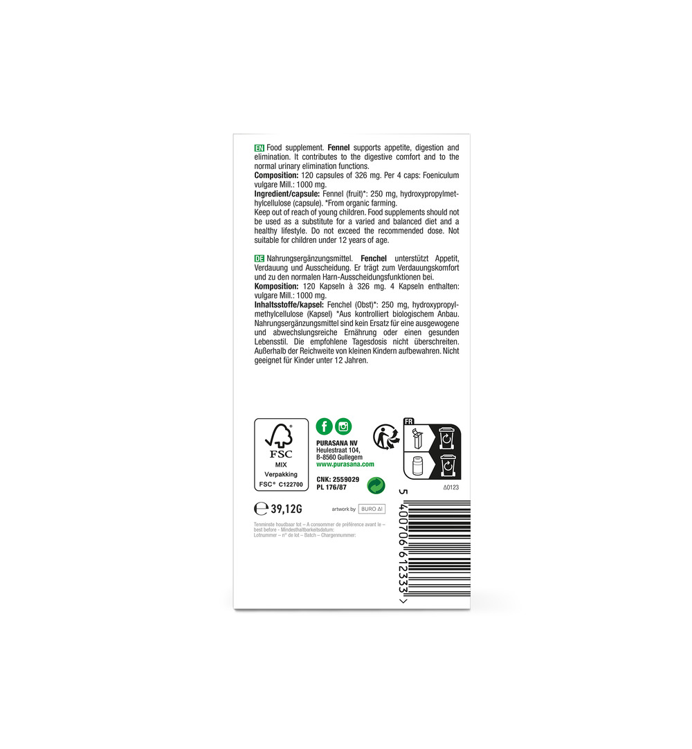 Purasana Venkel/Fenouil Vegan Bio (120 vega capsules) - image 3