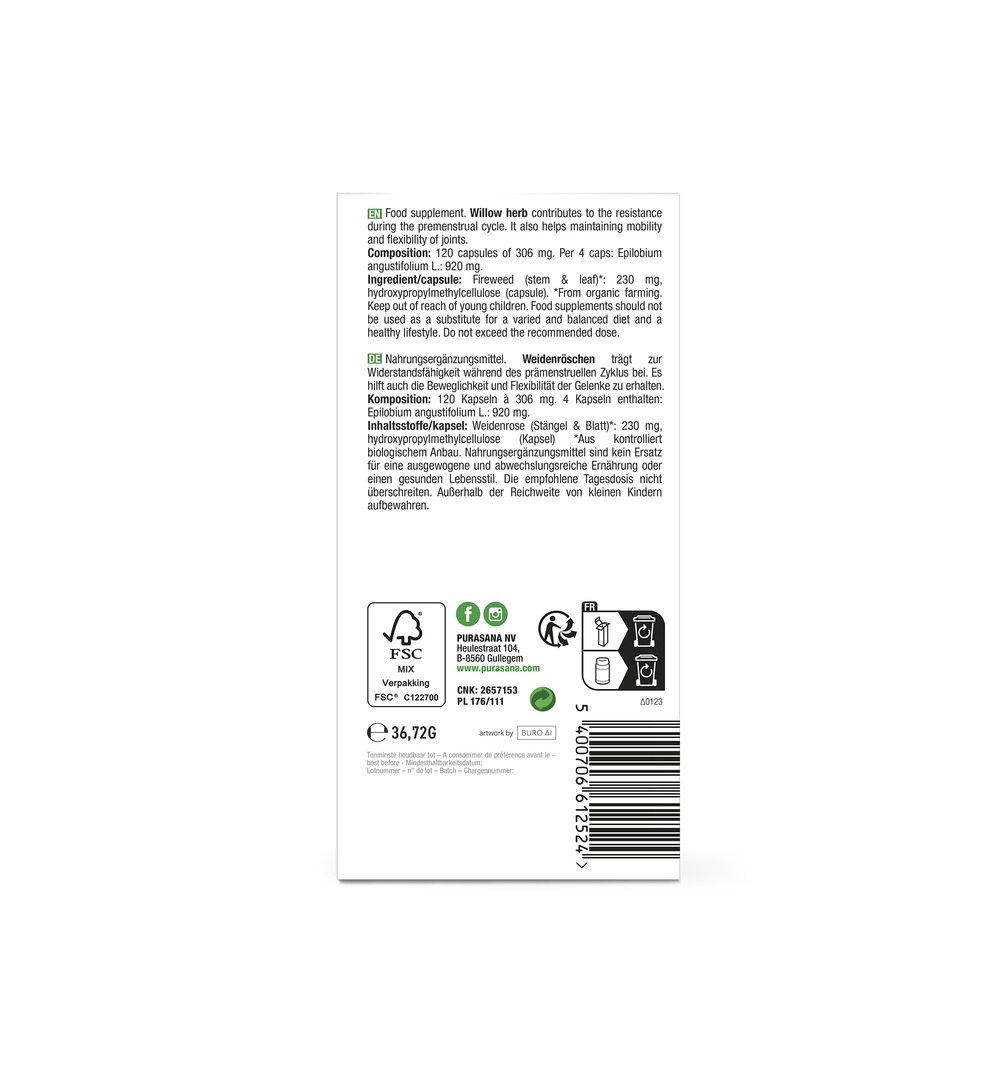 Purasana Wilgenroosje/Epilobe Vegan Bio (120 capsules) - image 3