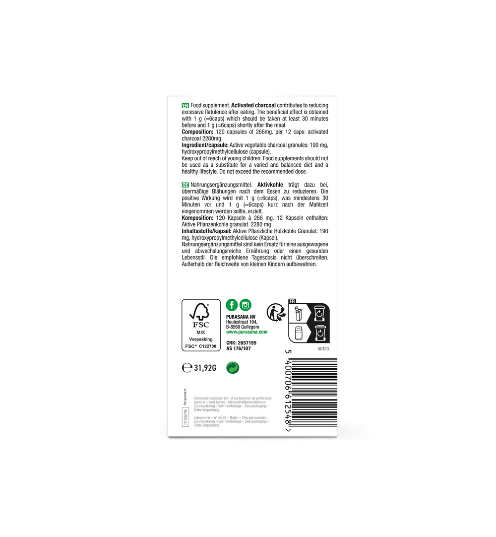 Purasana Plantaardige Houtskool/Charbon Vegetal Vegan (120 capsules) - image 3