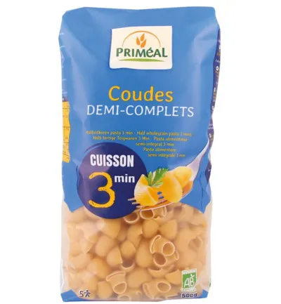 Priméal Coudes halfvolkoren snelkook 3 minuten bio (500 gr)