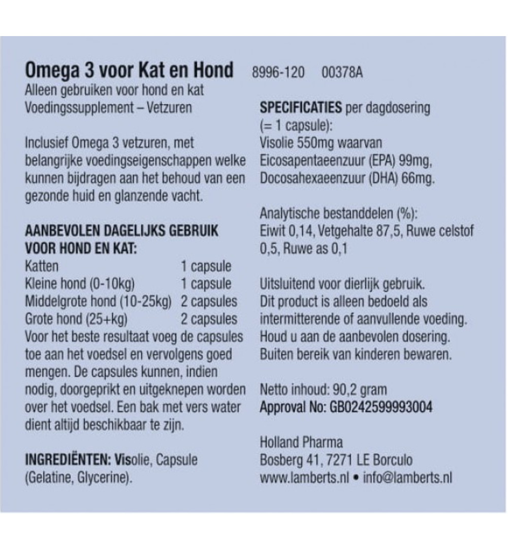 Lamberts Omega 3 Voor Dieren Hond En Kat (120 capsules)
