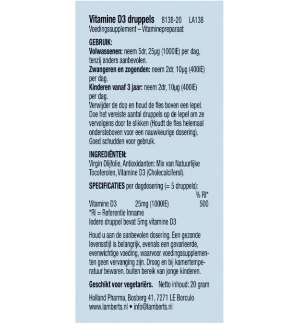 Lamberts Vitamine D3 druppels (20 ml)