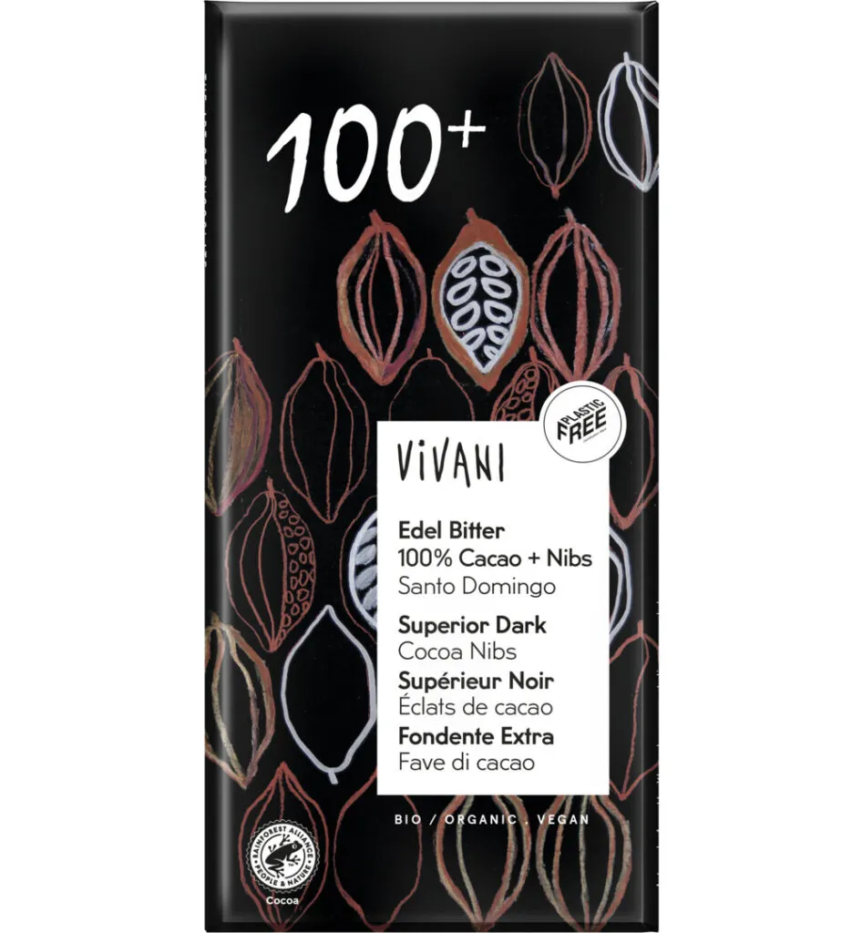 Vivani Chocolade Puur Superieur 100% + Cacao Nibs Bio (80 gr)