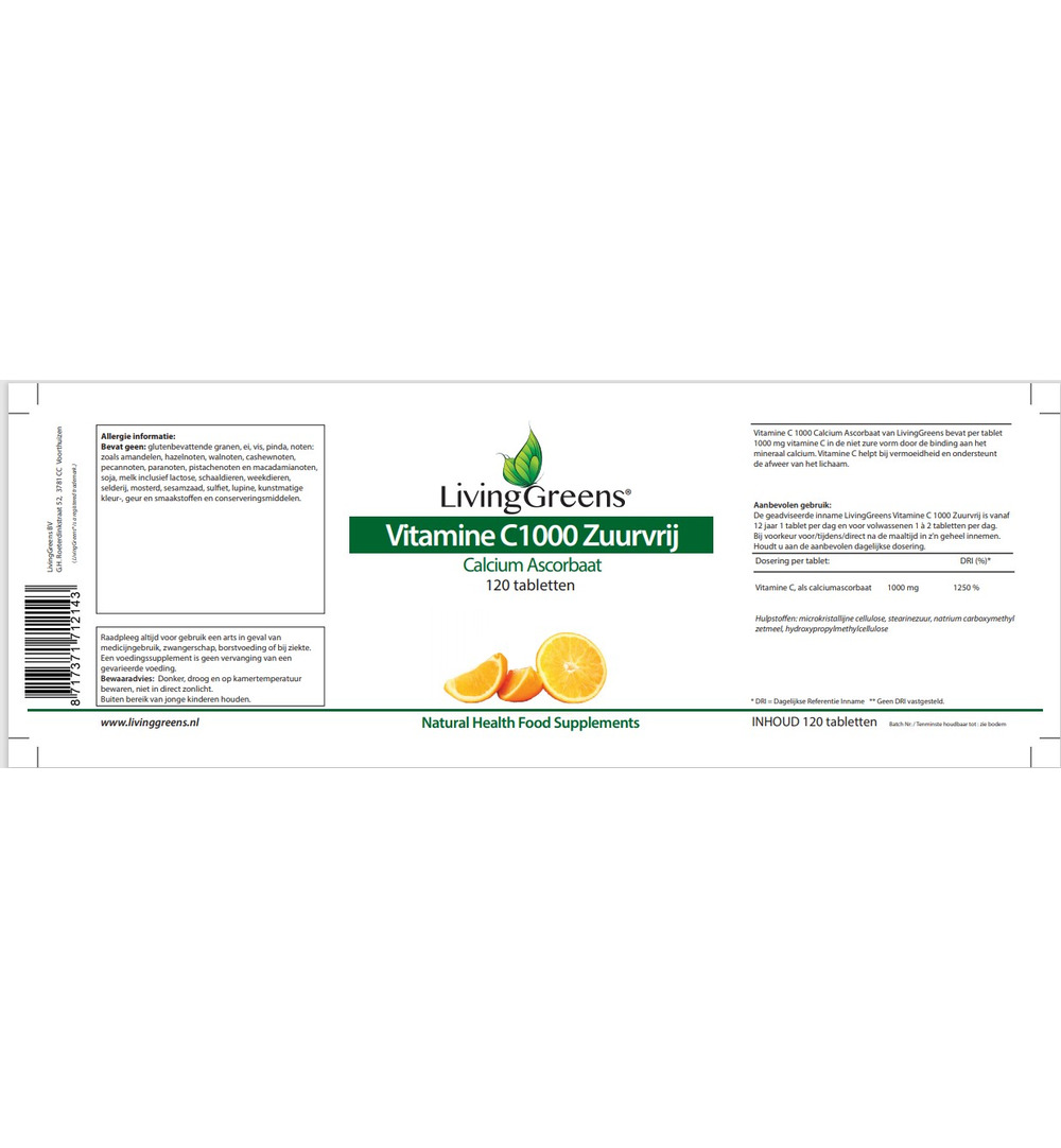 LivingGreens Vitamine C 1000 calcium ascorbaat (120 tabletten)