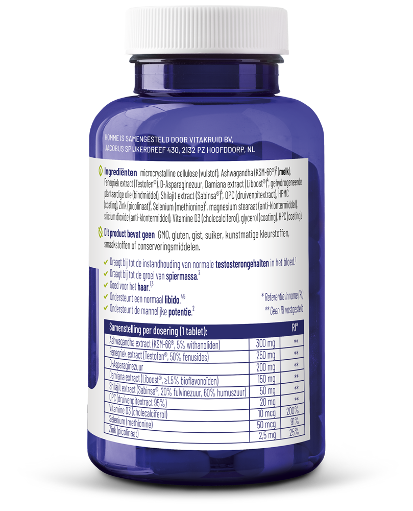 Vitakruid Homme Oa Ashwagandha Fenegriek Shilajit Damiana (60 Tabletten) - image 2