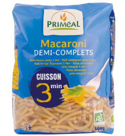 Priméal Macaroni halfvolkoren snelkook 3 minuten bio (500 gr)