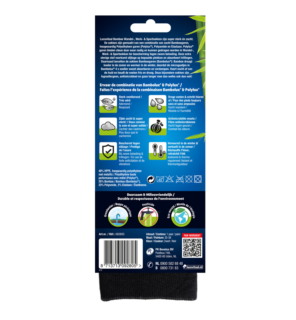 Lucovitaal Bamboe Wandel, Werk & Sportsokken 35-38 (1 paar)