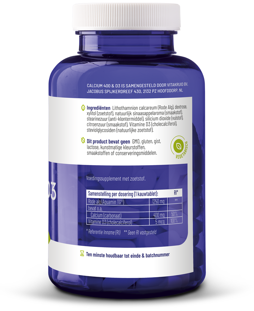Vitakruid Calcium 400 & D3 Uit Duurzame Rode Alg Aquamin Tg® (90 kauwtabletten) - image 2