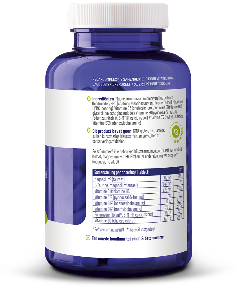 Vitakruid Relaxcomplex Oa Magnesium Tauraat & Vitamine D3 (180 tabletten) - image 2