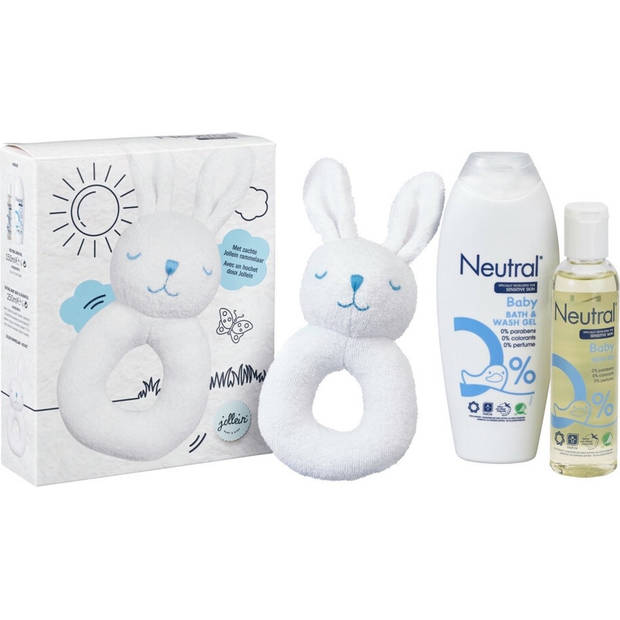 Neutral Geschenk set Baby Wasgel & Huidolie en Rammelaar (1 stuk)