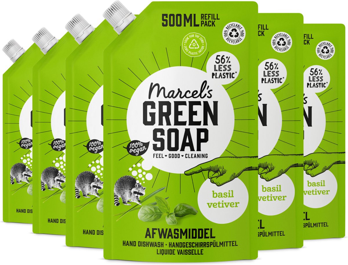 6x Marcel's Green Soap Afwasmiddel Navulling Basilicum & Vetiver (500 ml)