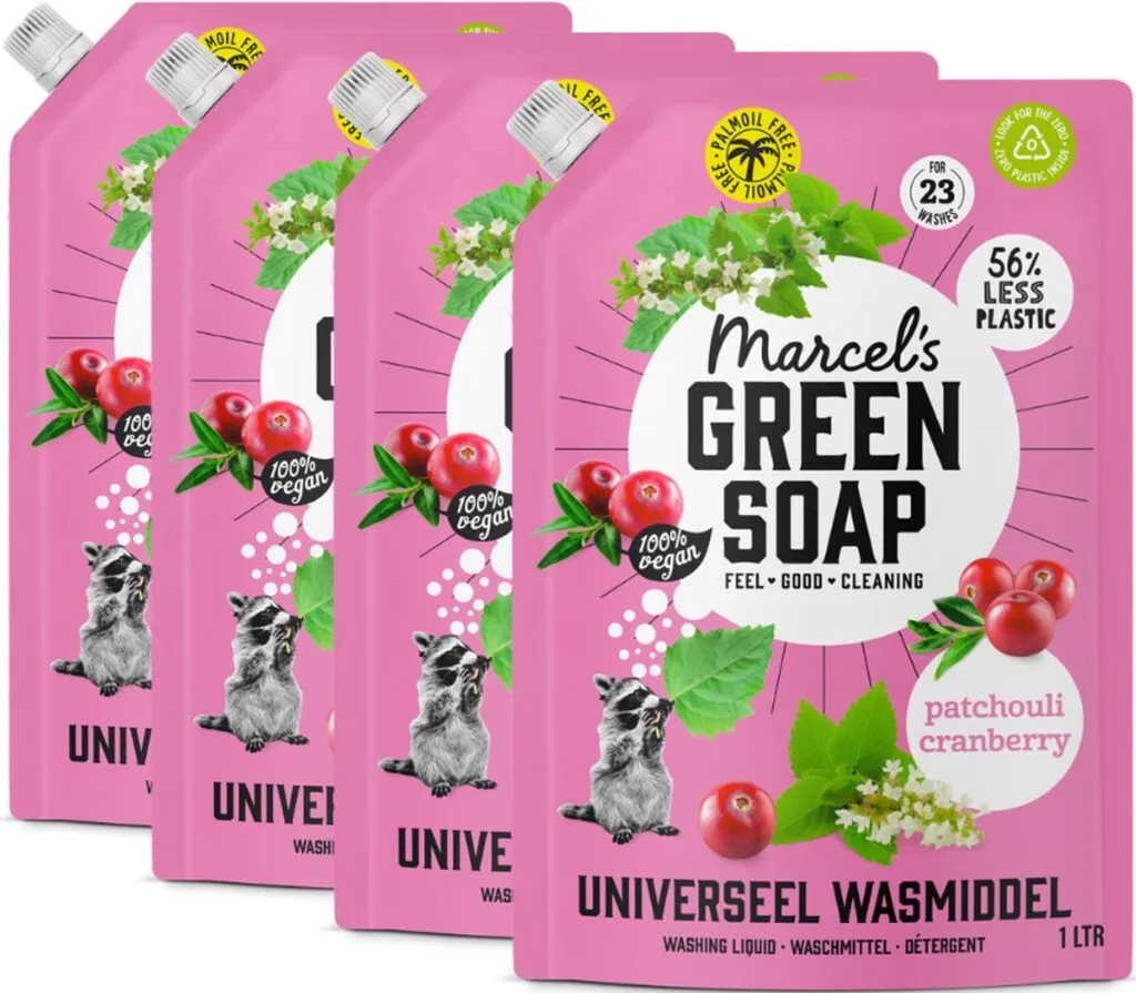 4x Marcel's Green Soap Wasmiddel Universeel Patchouli & Cranberry Navulling (1000 ml)