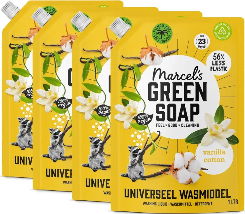 4x Marcel's Green Soap Wasmiddel Universeel Vanille & Katoen Navulling (1000 ml)