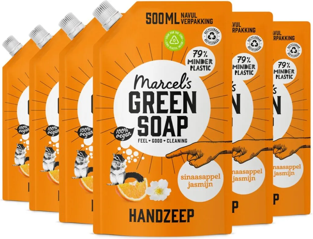 6x Marcel's Green Soap Handzeep sinaasappel & jasmijn navul (500 ml)