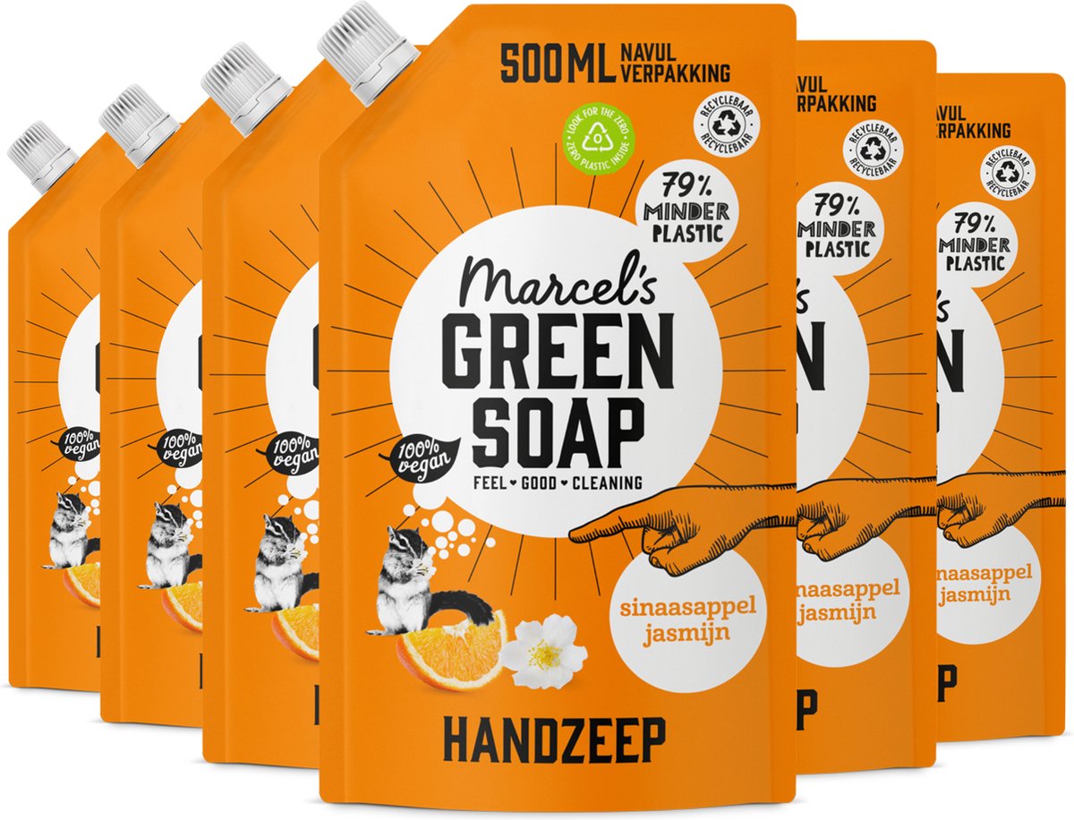 6x Marcel's Green Soap Handzeep sinaasappel & jasmijn navul (500 ml)