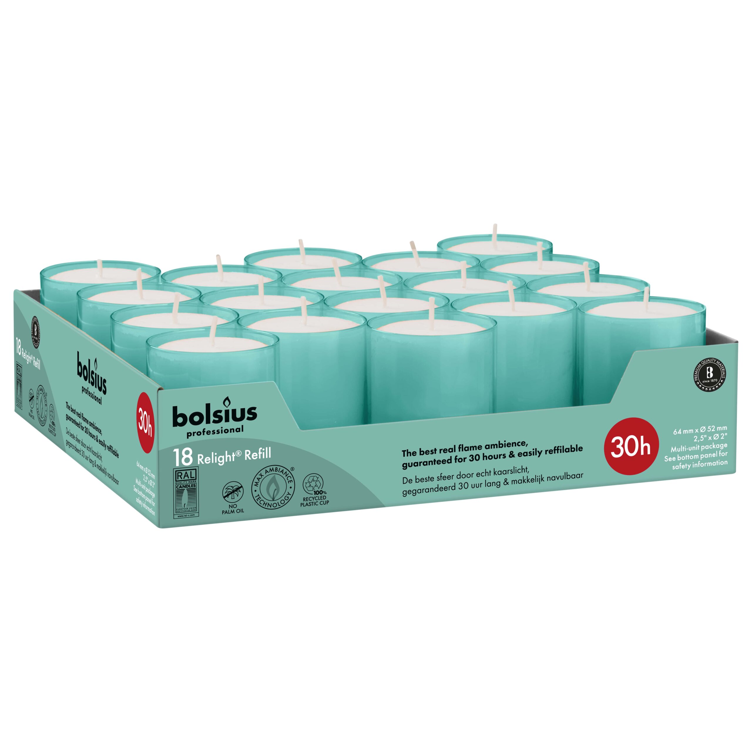 Bolsius Horeca Relight Navullingen 64/52 Aqua (18 stuks)