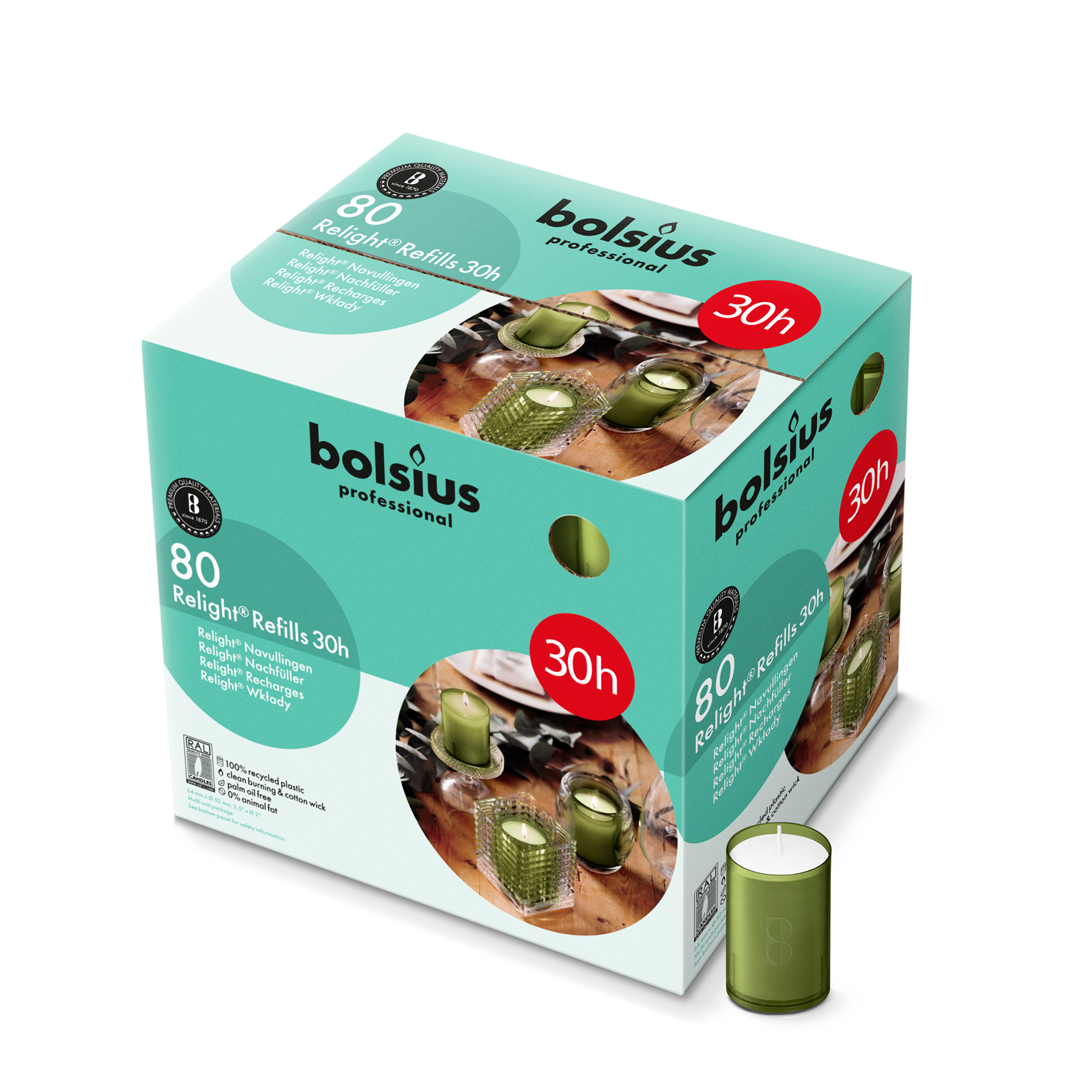 Bolsius Horeca Relight® Plus Navullingen 64/52 Olijfgroen (80 stuks)