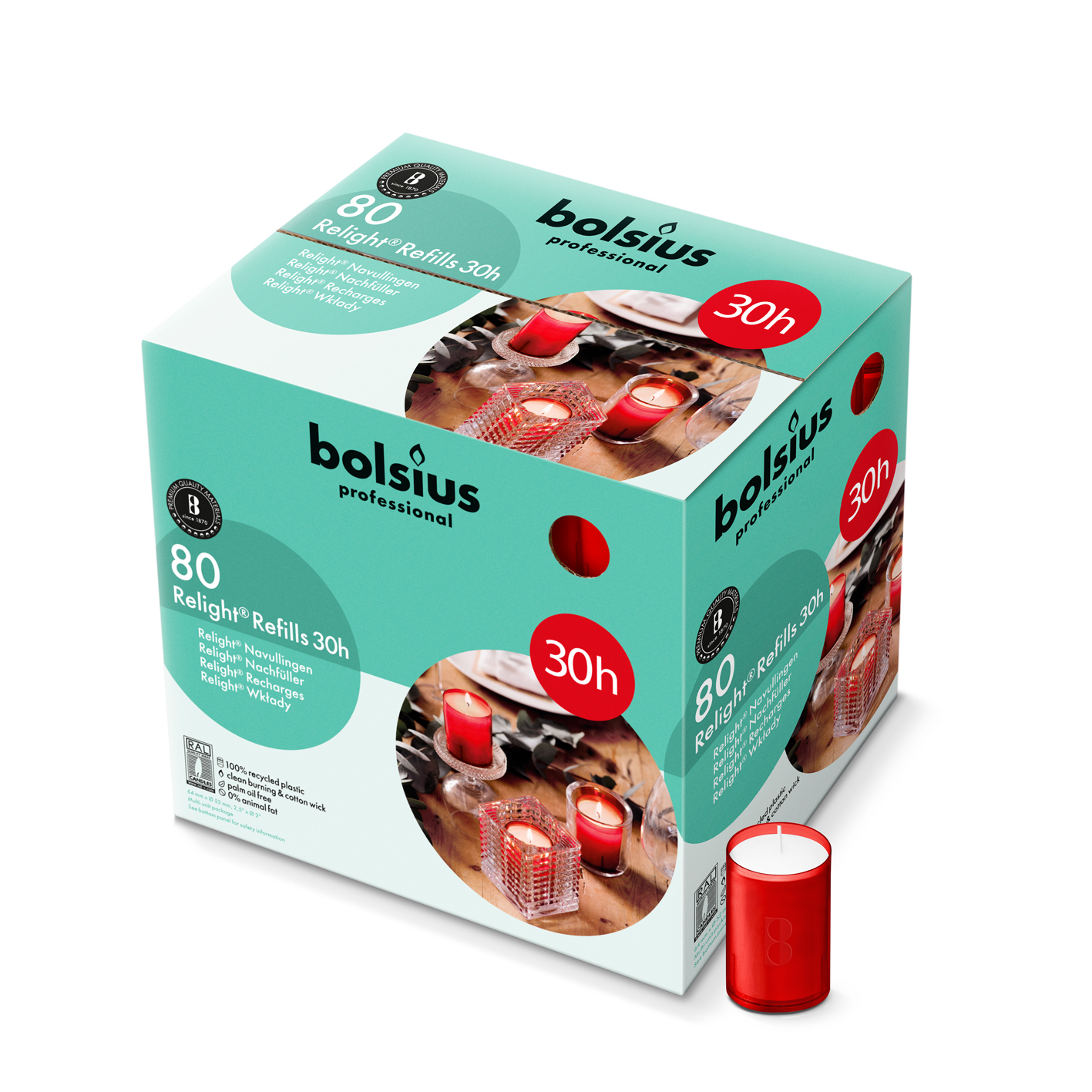 Bolsius Horeca Relight® Plus Navullingen 64/52 Rood (80 stuks)