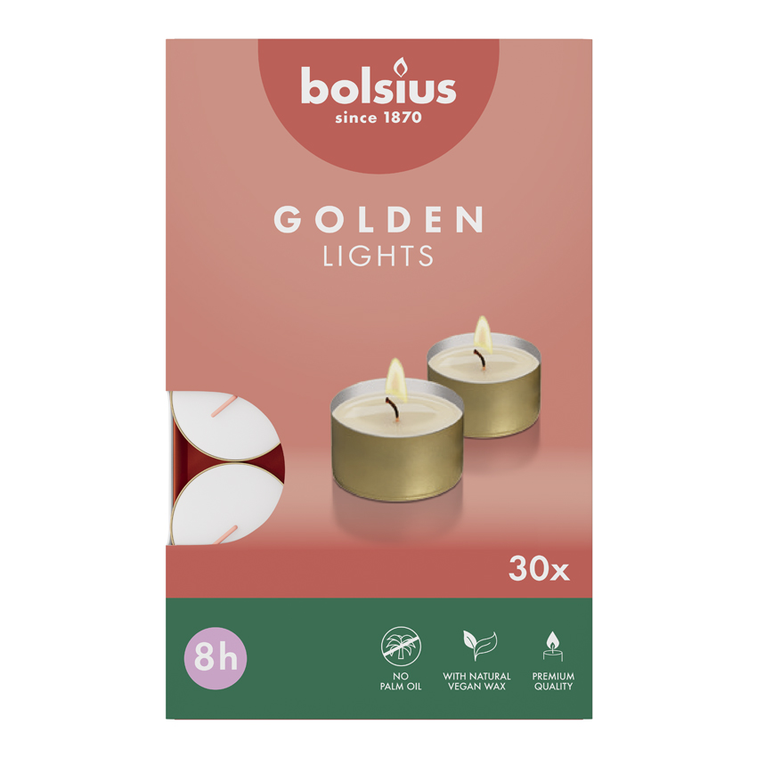 Bolsius Theelichten 8-Uur Wit / Gouden Cup (30 stuks)