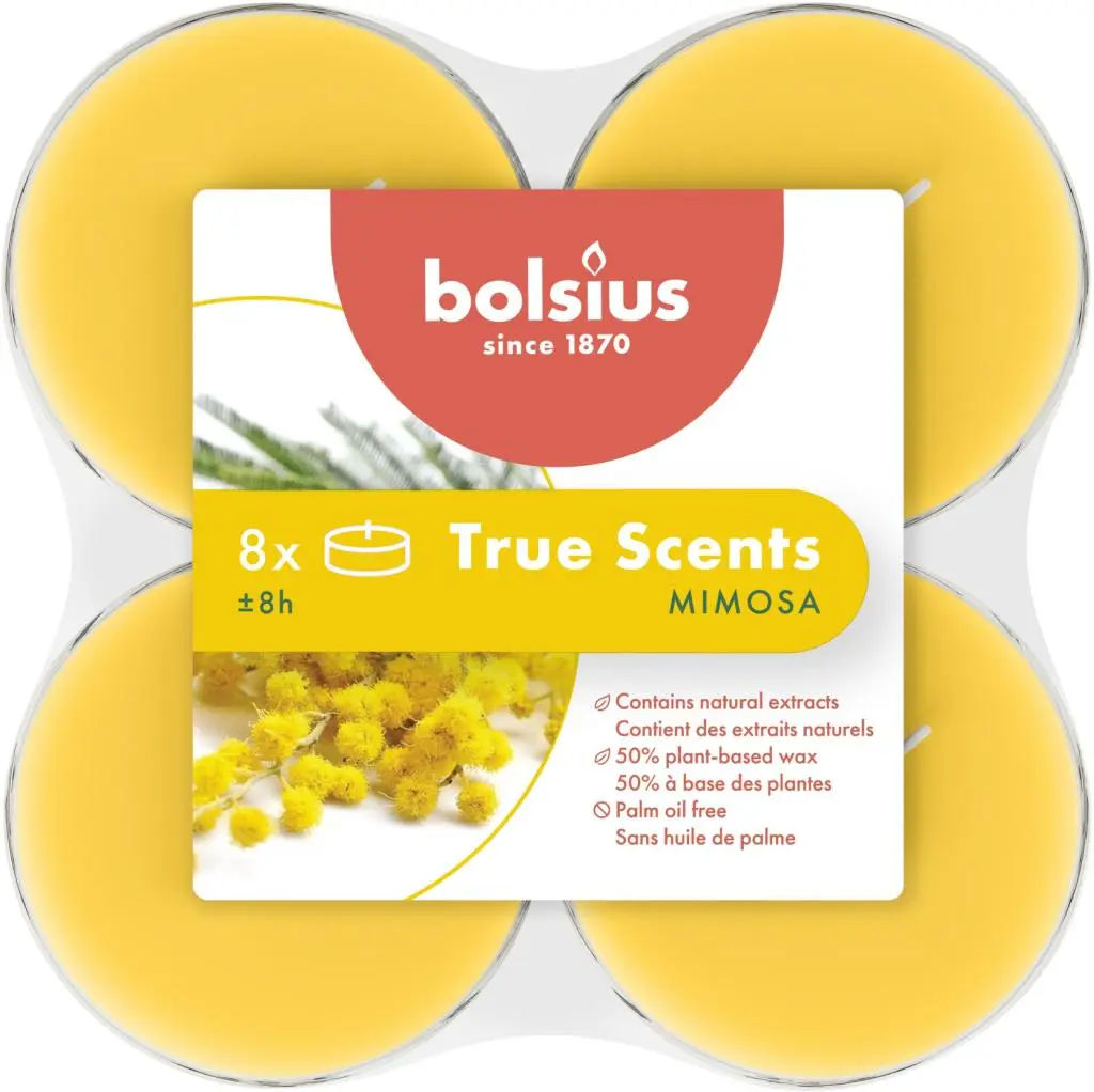Bolsius True Scents Maxilichten clear cup Mimosa 8u (8 stuks)