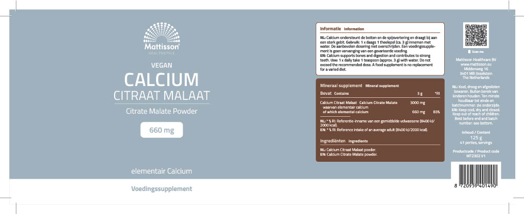 Mattisson Vegan Calcium Citraat Malaat Poeder (125 gr)