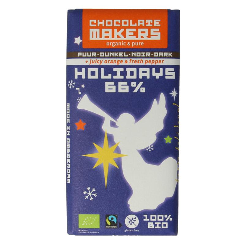 Chocolatemakers Holiday Bar 65% Met Sinaasappel-Kruidnagel Bio (85 gr)